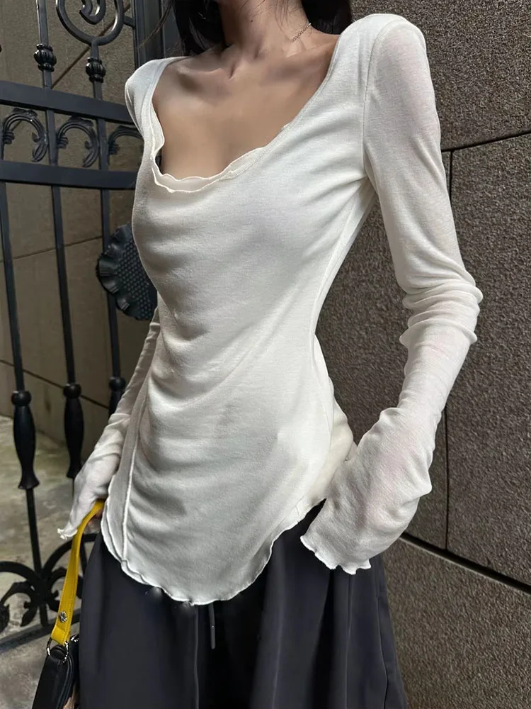 2026 Women Irregular Ruffle White Fake Two Piece Long Sleeve T-shirt Autumn Winter New Slim Fit Bottoming Chic Top