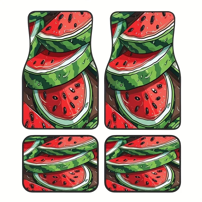 4pcs Set, Unique Watermelon Pattern Car Rubber Floor Mats, Universal Non-Slip Carpet, Easy To Clean Interior Accessories, Synthe
