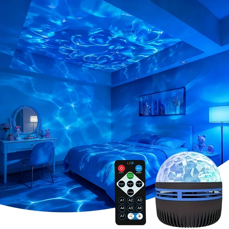 Starry Sky Ocean Wave Projector Ligh LED Night Light 7 Colors with Remote USB Powered Dynamic Rotating for Family Romantic Decor