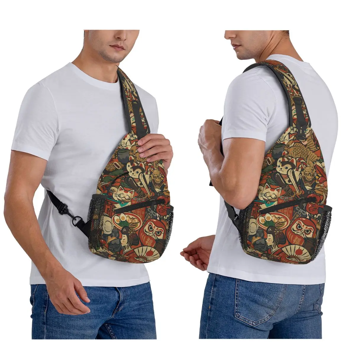 Japan Art Japanese Style Chest Bag Men Sling Crossbody Backpack Chest Bag Traveling Hiking Daypack Shoulder Bag