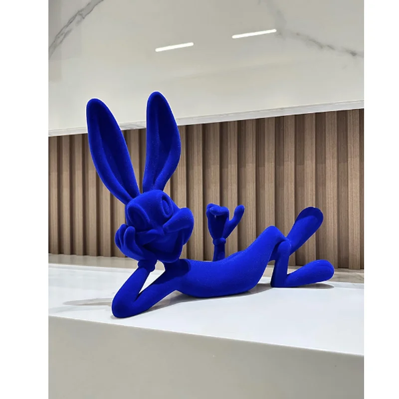 Modern Simple Klein Blue Cartoon Rabbit Resin Ornaments Lying Pose, Living Room Desk Statue Home Decoration