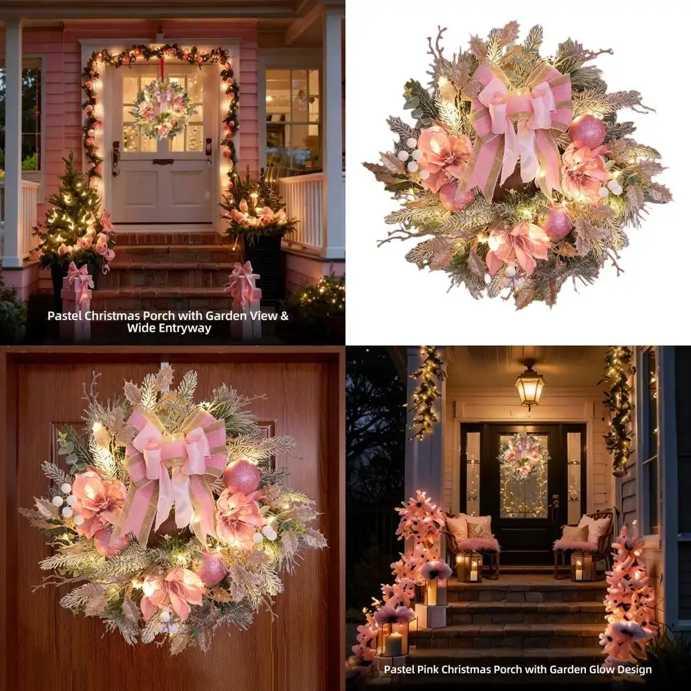 

Элегантный венок из 22 розовых магнолии с 30 светодиодами для рождественской входной двери, праздничный зимний декор для свадьбы