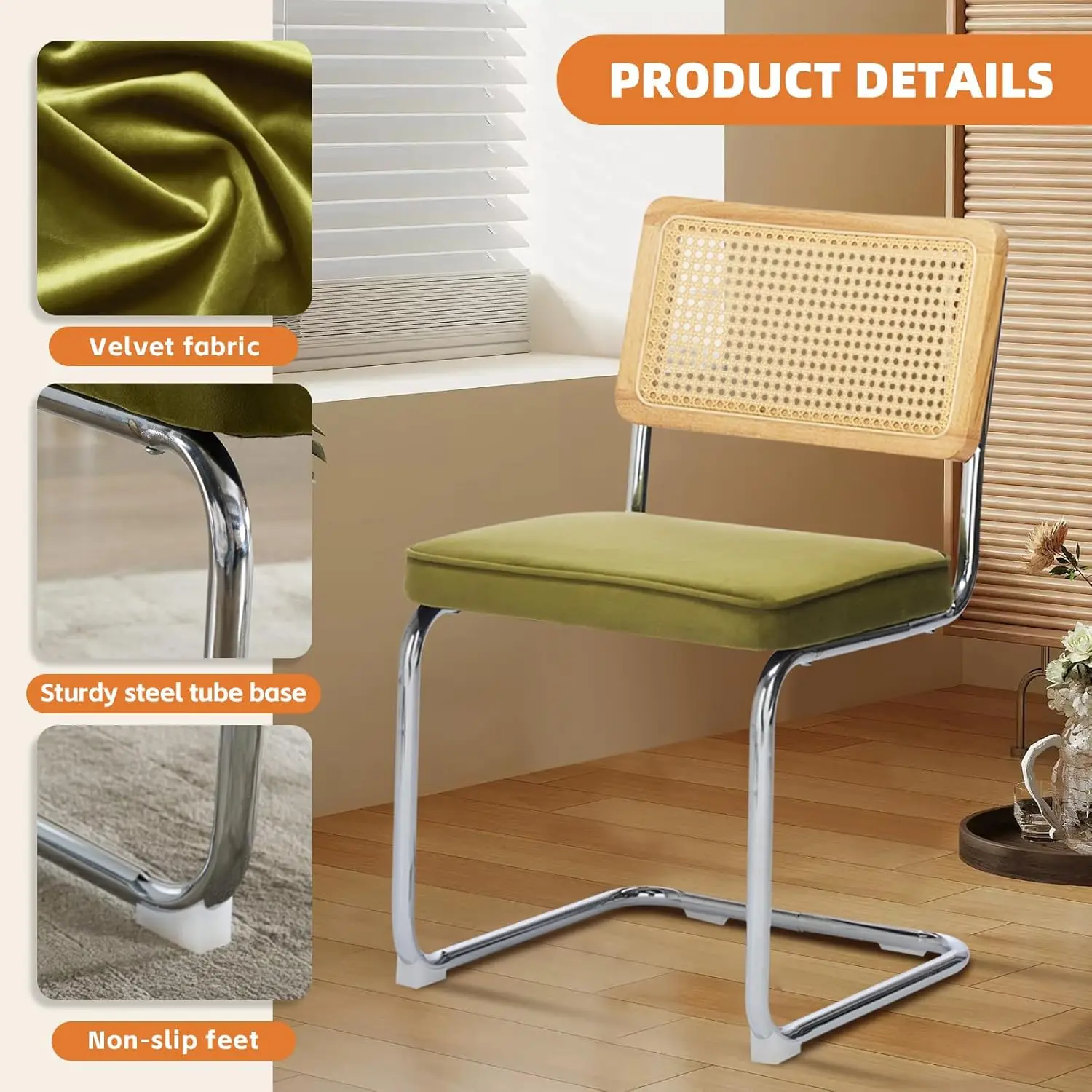 Olive Green Rattan and Velvet Dining Chairs for Dining Room and Kitchen Island, Set of 2, Modern Stainless Chrome Base