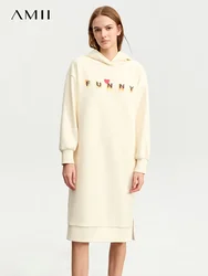 AMII Minimalism Women's Fleece Sweater Dress 2023 Winter New Warm Comfortable Letter Print Hooded Casual Loose Dress 12324113