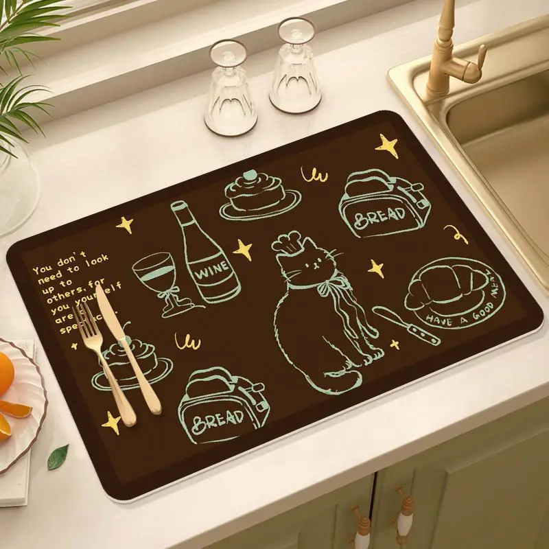 Brown Cat Dish Drying Mat Absorbent Kitchen Counter Drainage Pad Non-Slip Rubber Bread Wine Tableware Placemat
