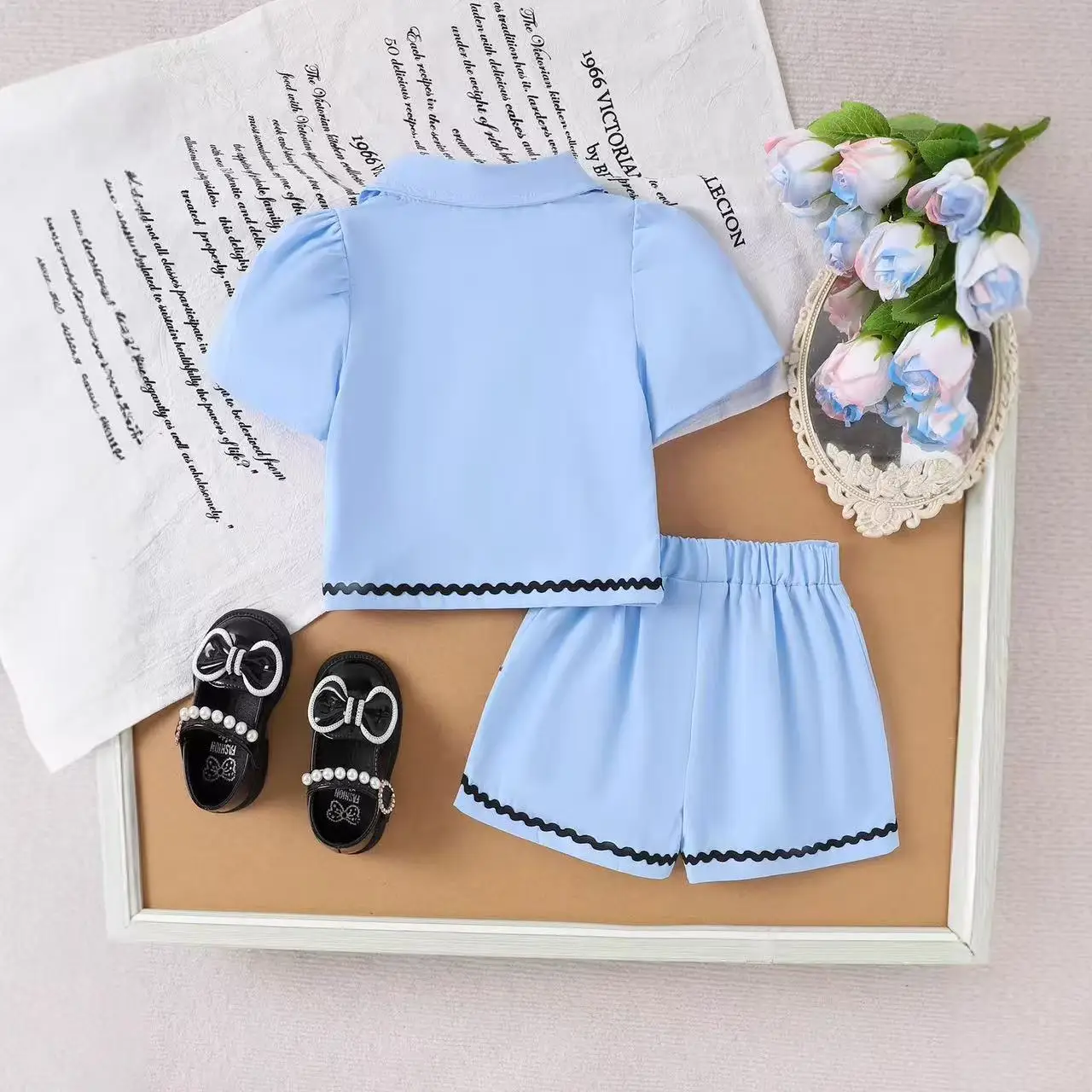 2026 New Summer Little Fragrance Style Blue Lapel Short Sleeve Shirt & Shorts 2 Piece Set Kids Fashion Outfit Children Clothing