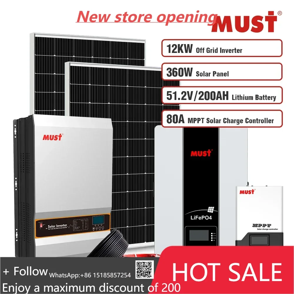 12kw خارج الشبكة العاكس للطاقة الشمسية مع الألواح الشمسية 360 واط 200ah lifepo4 بطارية أيون الليثيوم 48 فولت النظام الشمسي الكامل للمنزل
