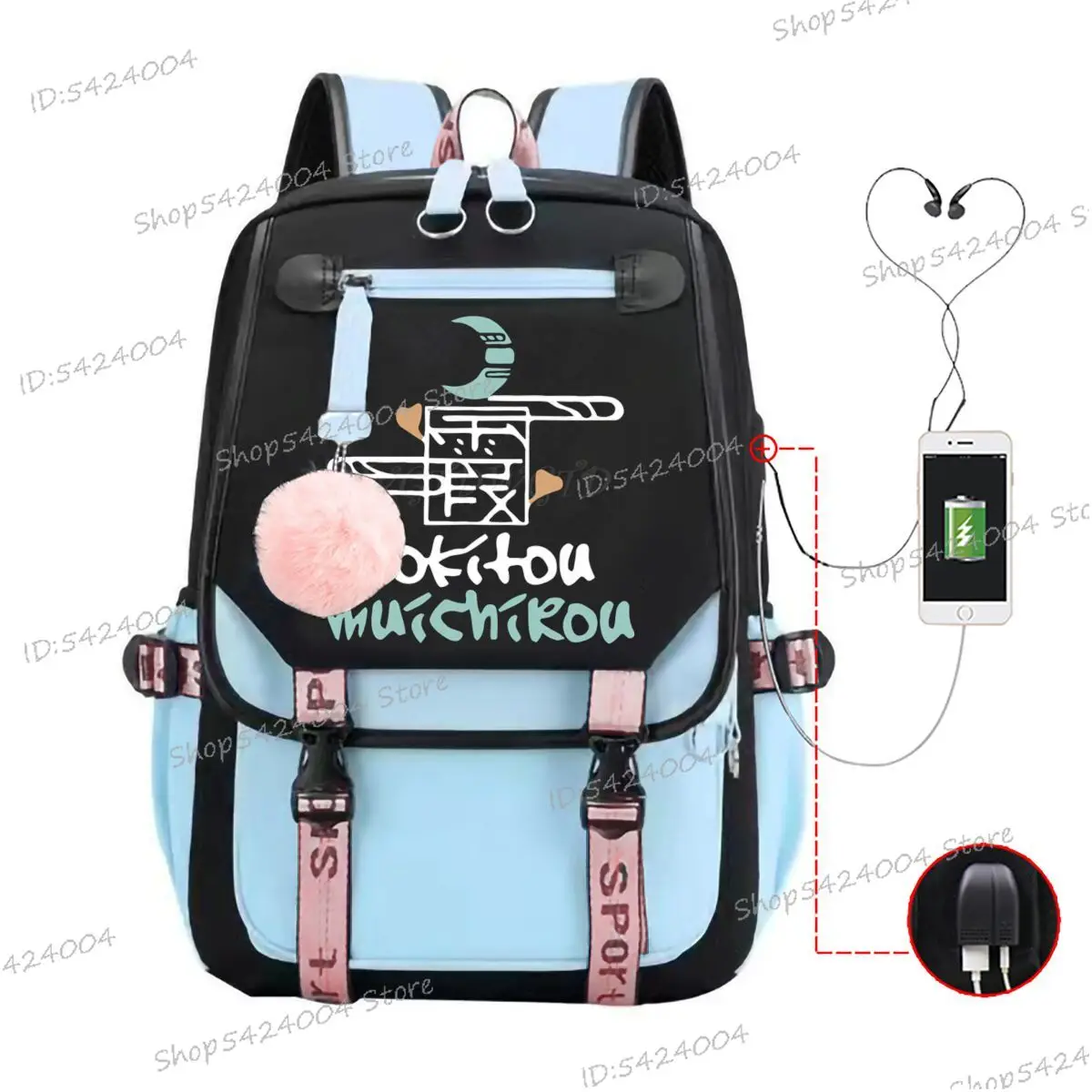 

Large Capacity Student School Backpack Demon Slayer Casual Nylon Shoulder Bag Tokitou Muichirou Fashion College USB Port Bagpack
