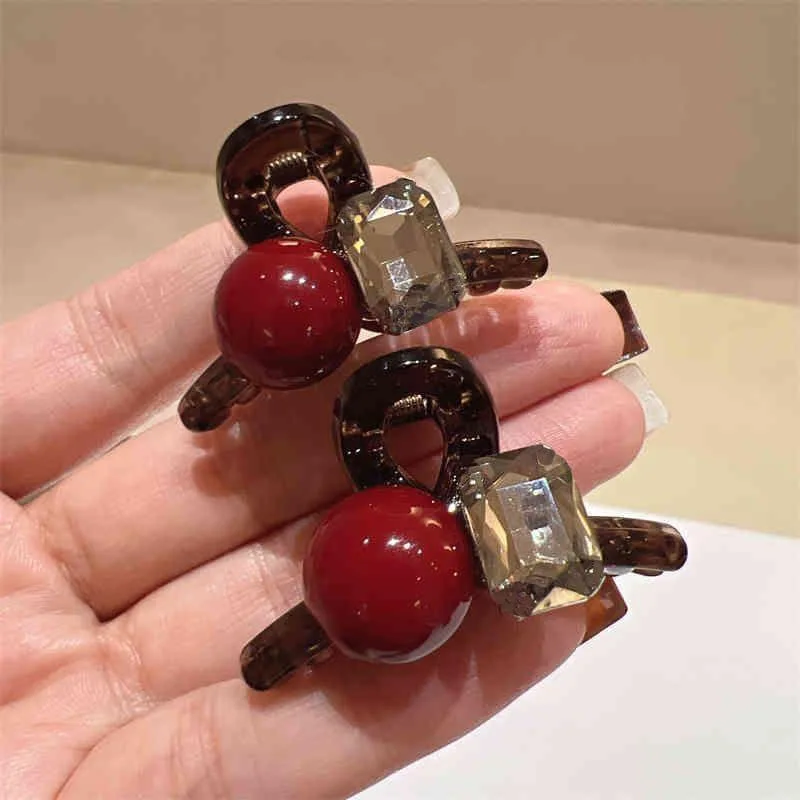 Red Rhinestone Pearl Small Hair Claw Women Girls Sweet Mini Grab Clip Acrylic Geometric Black Hair Claw Hairpin Hair Accessories