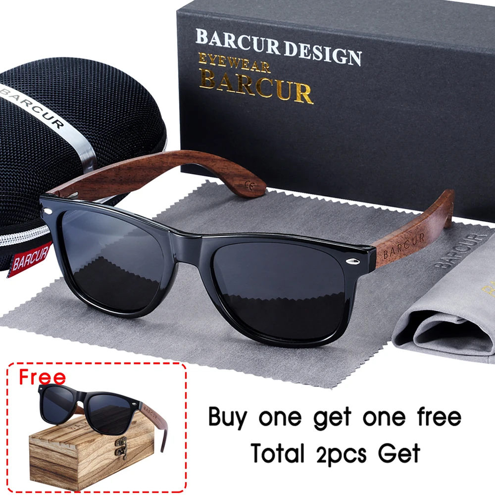 BARCUR Zwarte Walnoot Zonnebril Hout Gepolariseerde Zonnebril Mannen Bril Mannen UV400 Bescherming Eyewear Houten Originele Doos