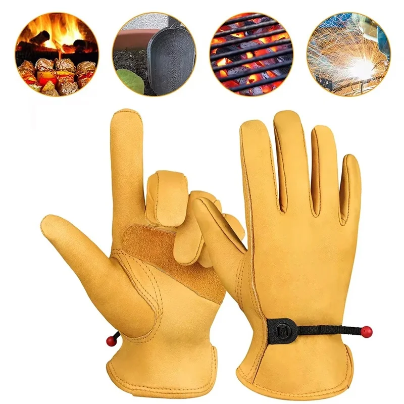 Leather Gloves Men Work Gloves Soft Cowhide Driver Hunting Driving Farm Garden Welding Security Protection Safety Mechanic Glove