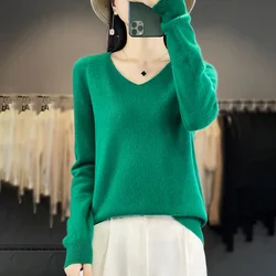 New 100% Pure Wool Long-Sleeved V-Neck Sweater For Women In Autumn And Winter Loose Pullover Knitted Bottoming Shirt