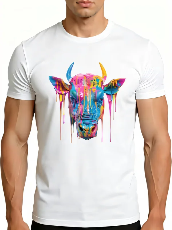 Camiseta con estampado gráfico de cabeza de toro colorido abstracto para hombre, camiseta blanca de manga corta de verano, camisetas artísticas con pintura que gotea, ropa de calle