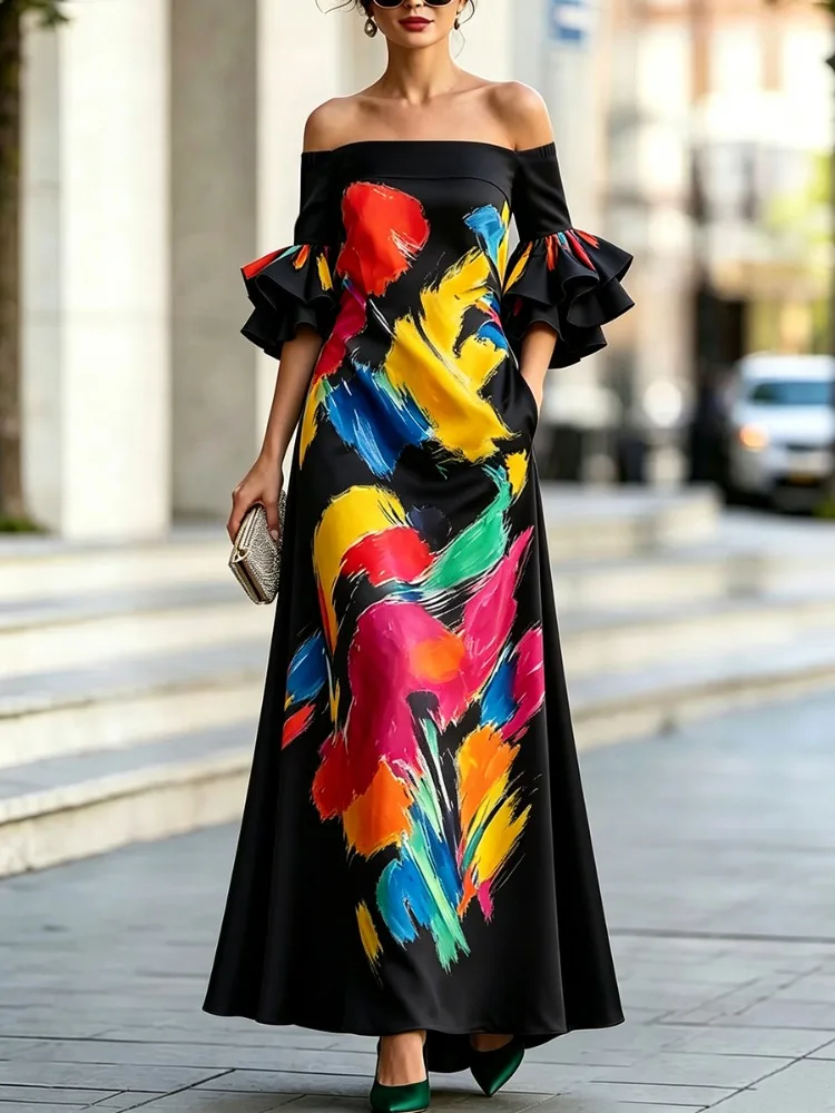 Yeezzi Women's Fashion Colorful Printed Off‑Shoulder Maxi Dress 2026 New Elasticity Ruffle Sleeves Elegant Party Evening Dresses
