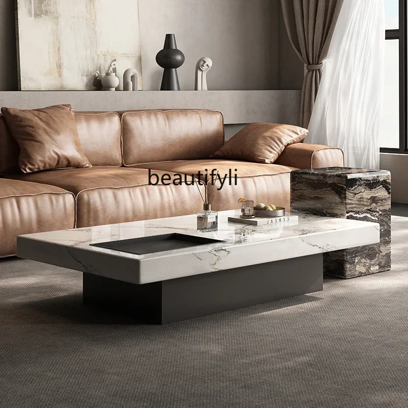 V Natural marble coffee table living room minimalist light luxury rectangular wabi sabi retro style designer coffee tableAA