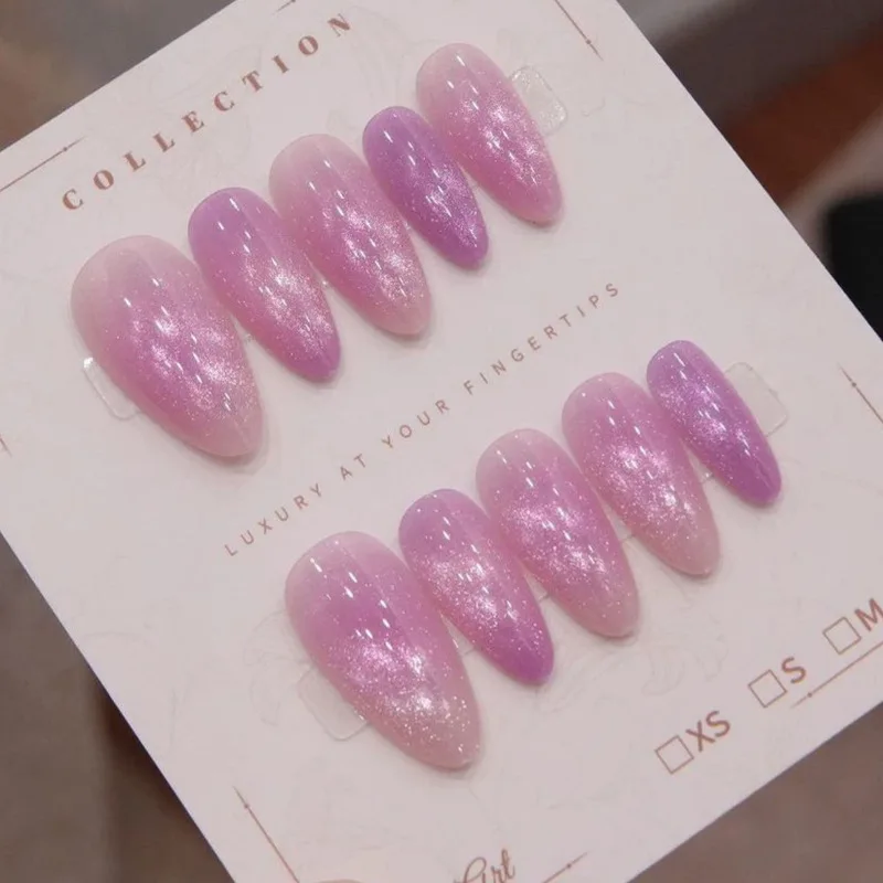 Pink Purple Cat Eye Gradient Press On Nails,Dreamy Glitter Medium Almond False Nails,Fairy Removable Reusable Popular Manicure N