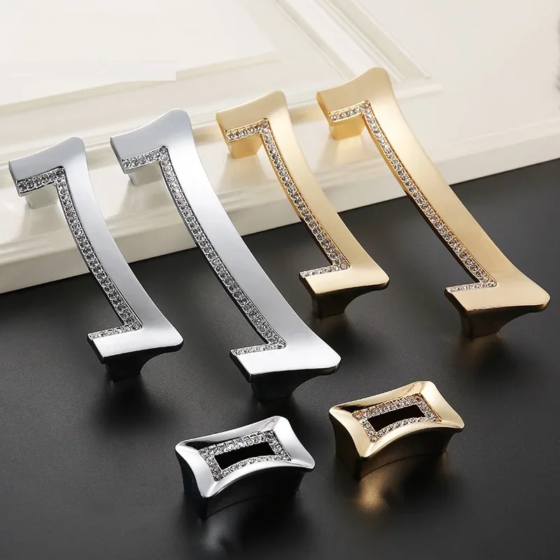 Crystal Wardrobe Door Handle European Gold Silver Simple High-end Luxury Creative Cabinet Drawer Inlaid with Water Diamon Handle