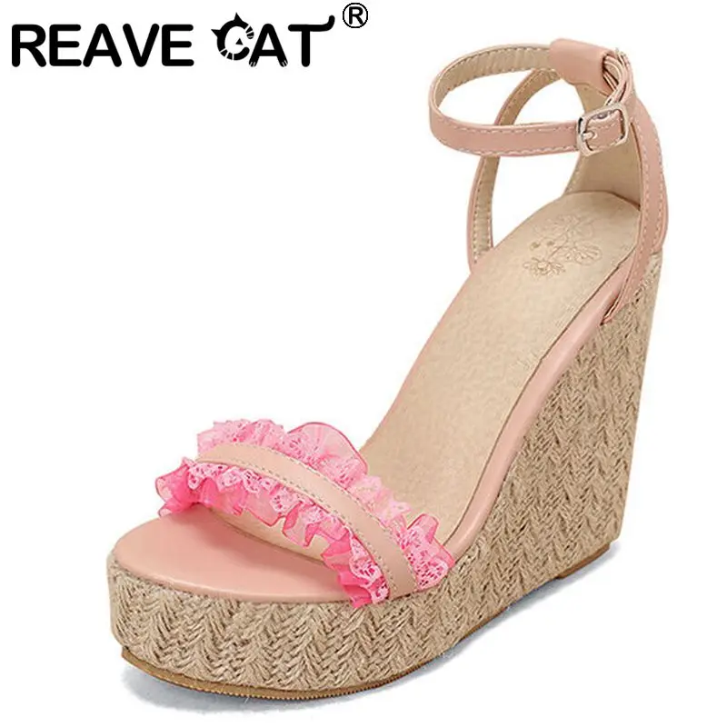 

REAVE CAT 2022 Woman Sandals Esparddrilles Peep Toe Wedges Heel Lace Pleated Buckle Strap Big Size 30-48 Pink White Summer S3615