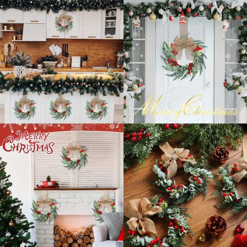 

Set of 18 12-Inch Mini Christmas Wreaths with Burlap, Red Berries & Eucalyptus for Kitchen Cabinets, Windows, Doors, and Firepla