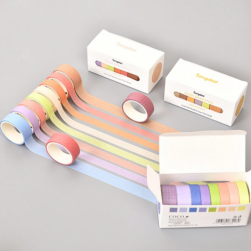 8 Rolls Basic Grid Washi Tape Set Scrapbooking Washitape Journal Supplies Solid Color Masking Tape Decorative Adhesive Tape