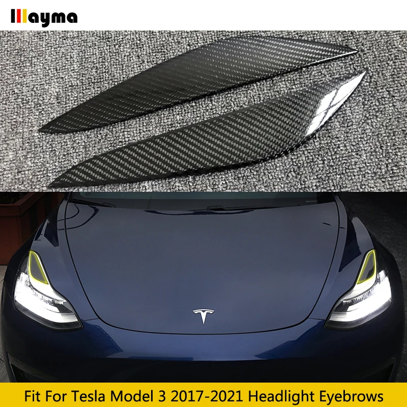 Real Carbon Fiber Car Headlight Cover Eyebrows Front Lamp Carbon Forge Look Sticker Eyelid For Tesla 2017 - 2021 Model 3 Model Y