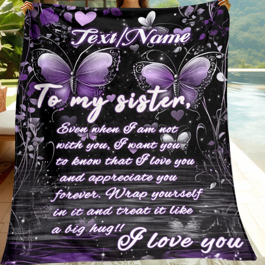 بطانية هدية شقيقة مخصصة - رسالة اسم مخصص "إلى أختي"، رمي الفانيلا الناعمة وخفيفة الوزن مع فراشة أرجوانية #1