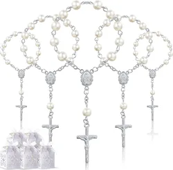 10/20pcs Christening Acrylic Rosary Beads Faux Pearls with Cross Christening Gift Box for Christening Wedding Party Favors