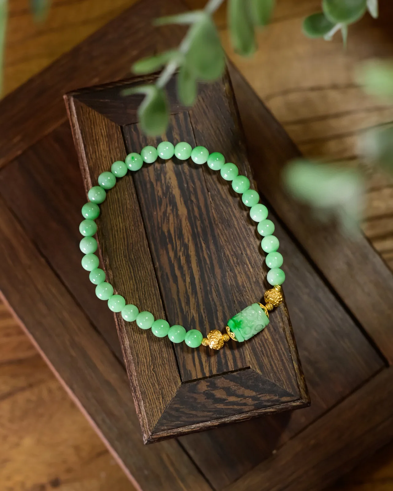 

18K Gold & Natural Grade A Jadeite Bracelet, Square Carved Huiwen Beads, Single Strand Chinese Style Jewelry