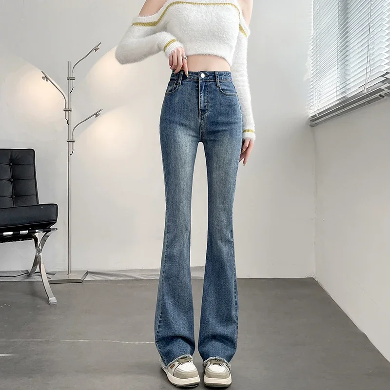 หญิงกางเกงยีนส์เอวสูงเสื้อผ้าผู้หญิงสุภาพสตรี Casual Streetwear Lim-Fit DENIM กางเกงหญิง VINTAGE Bell-bottoms BVy2991