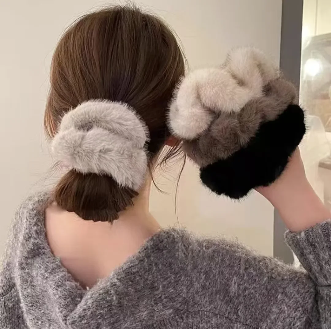 

1/2pcs large colic hairband retro imitation mink plush rope high-end rubber band female tie hair rope headwear
