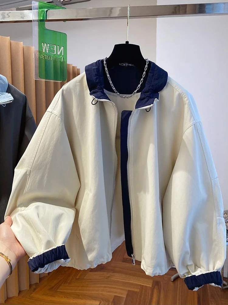 2026 Autumn Women Short Jacket Zip Stand Collar Color Block Design Elegant Loose Casual Fashion Ladies Outerwear Coat Tops