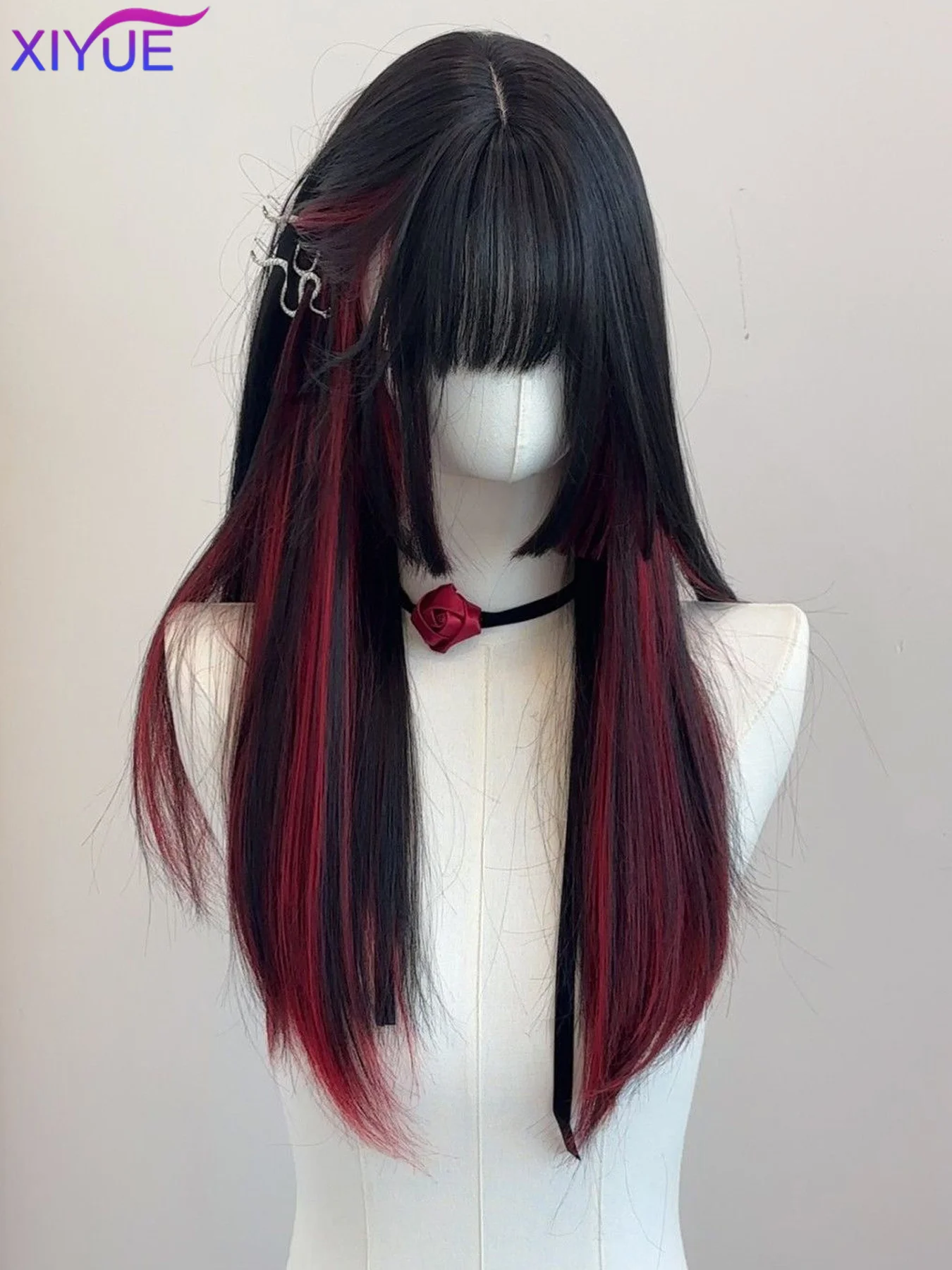 

Синтетический длинный прямой парик для косплея, женский костюм для вечеринки, черный, красный, омбре, термостойкие парики из синтетических волос