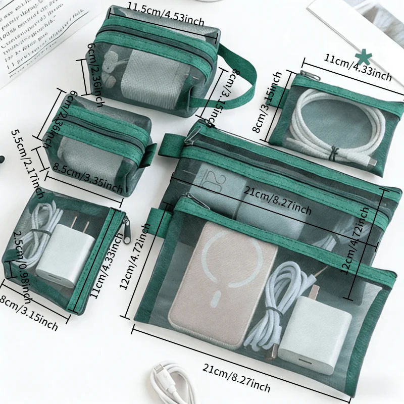 6PCS Transparent Mesh Zipper Pouch Universal Data Cable Protective Bag Storage Case for Earphone Earbuds Charger Wire Organizers