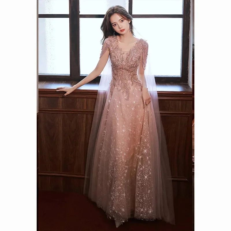 Heavy Industry Evening Dress Skirt Female 2024 New High-End Light Luxury Banquet Temperament Ceremony Host Can Usually Wear Tide