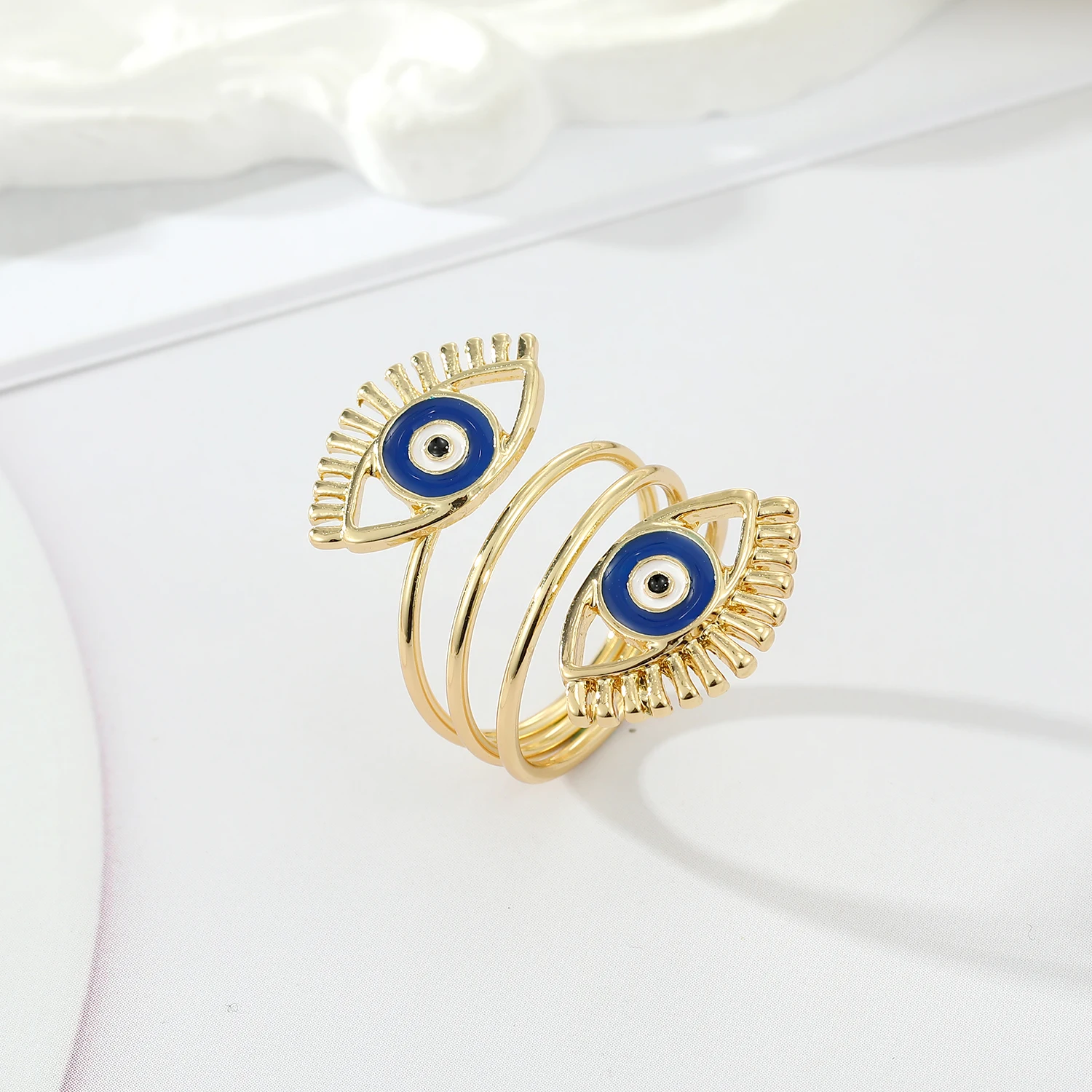 1PC New Ethnic Style Hollow Two Eye Ring Dripping Oil Turkish Devil Eye Ring Opening Adjustable Men And Women Jewelry Gift