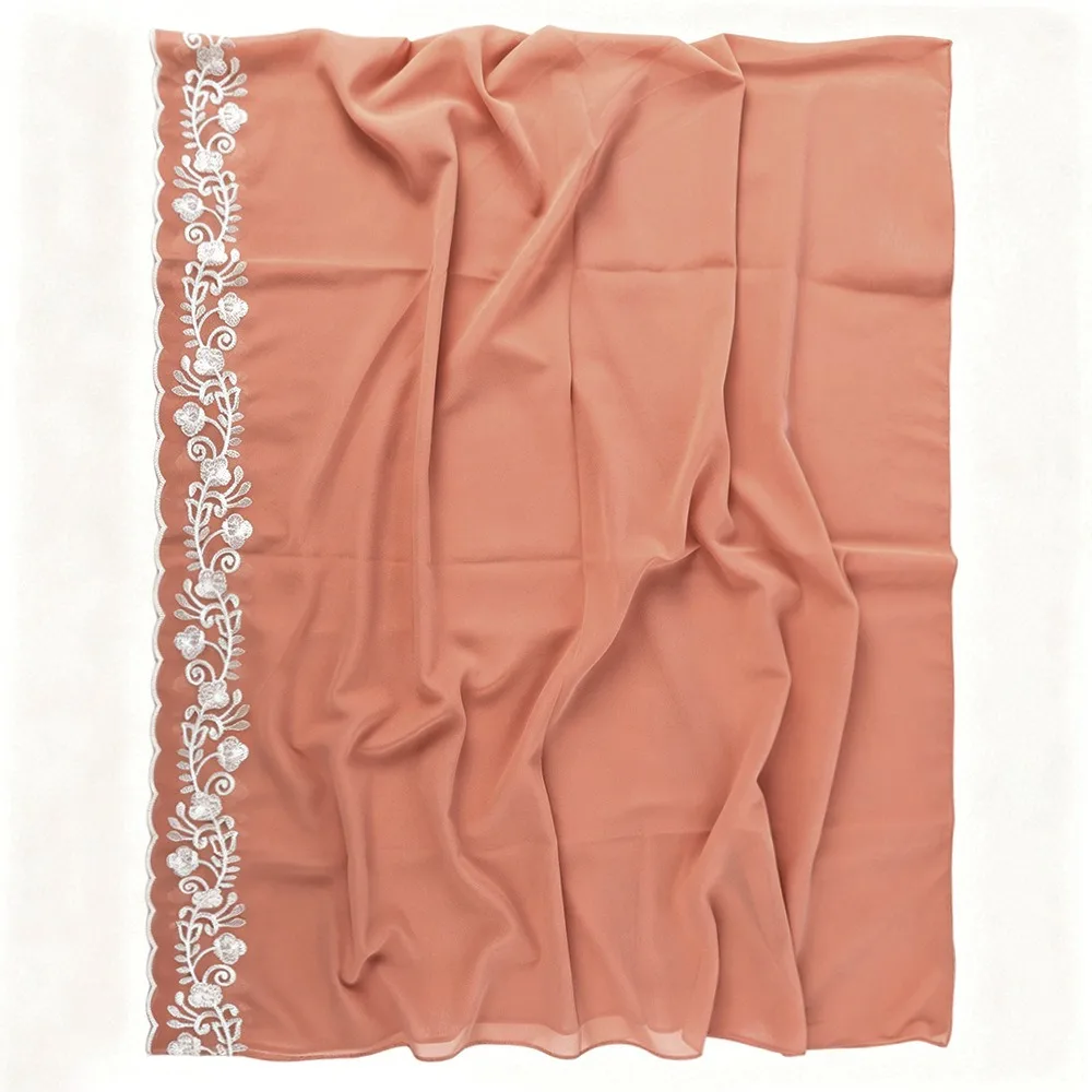 Soft Draping Sheer Chiffon Scarf Lightweight Floral Embroidery Head Wrap Long Wrap Scalloped Edge Sheer Scarf Daily Wear