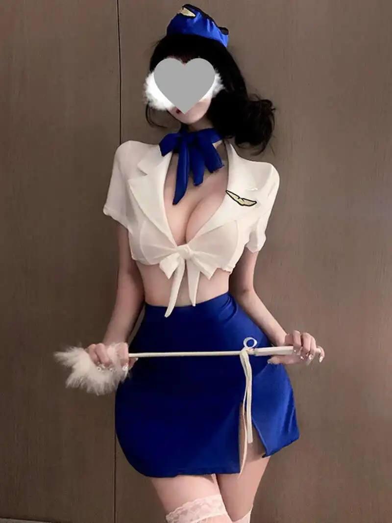 

Desire Sexy Pure Flight Attendant Uniform Sexy V Neck Two Piece Skirt Set Role-playing Seductive Fashion Sexy Women Set AEA7