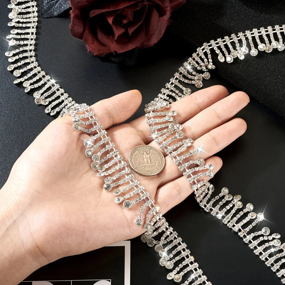 1 Yard Glitter Glass Tassel Cup Chain Metal Iron Strass Fringe Chain for Diy Handmade Costume Making Decorative Trim Accessories