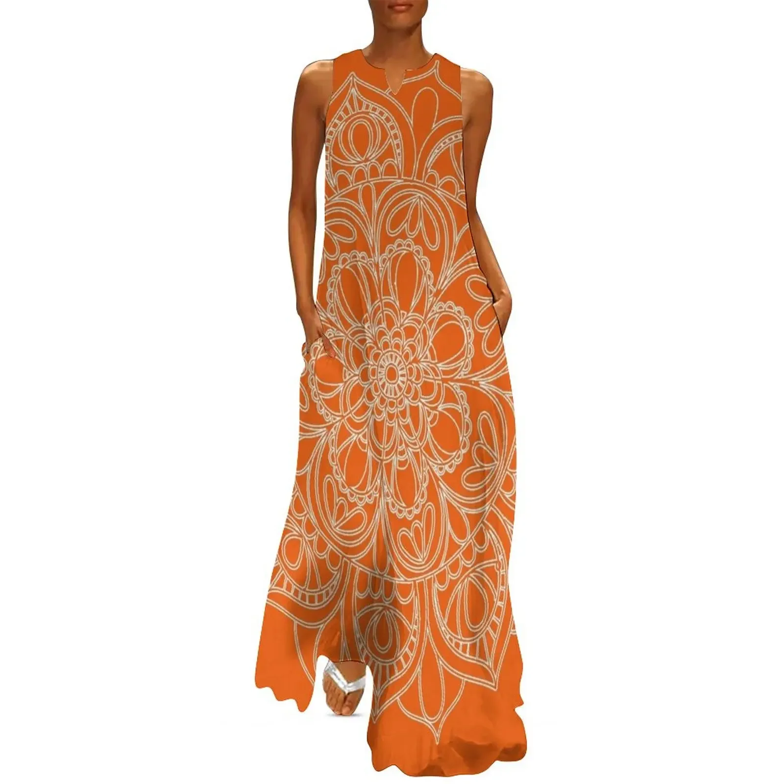 

Orange Mandala Long Dress Long veiled dresses beach dress Dress
