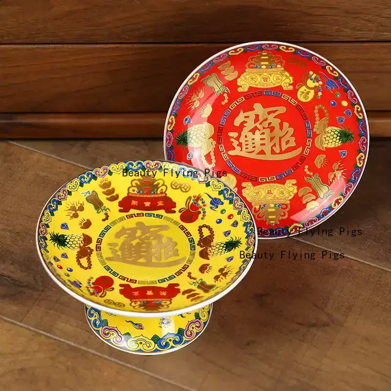 Ceramic Wealth Fruit Plate Ceramic Tribute Plate Enamel Colored High Footed Tribute Plate Buddhist Hall Sacrificial Supplies