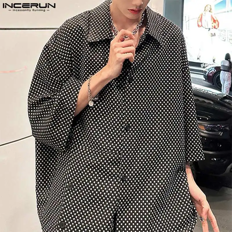 INCERUN Tops 2024 Korean Style Fashion Men\'s Polka Dot Multi Button Shirts Handsome Male Three-quarter Sleeve Lapel Blouse S-5XL