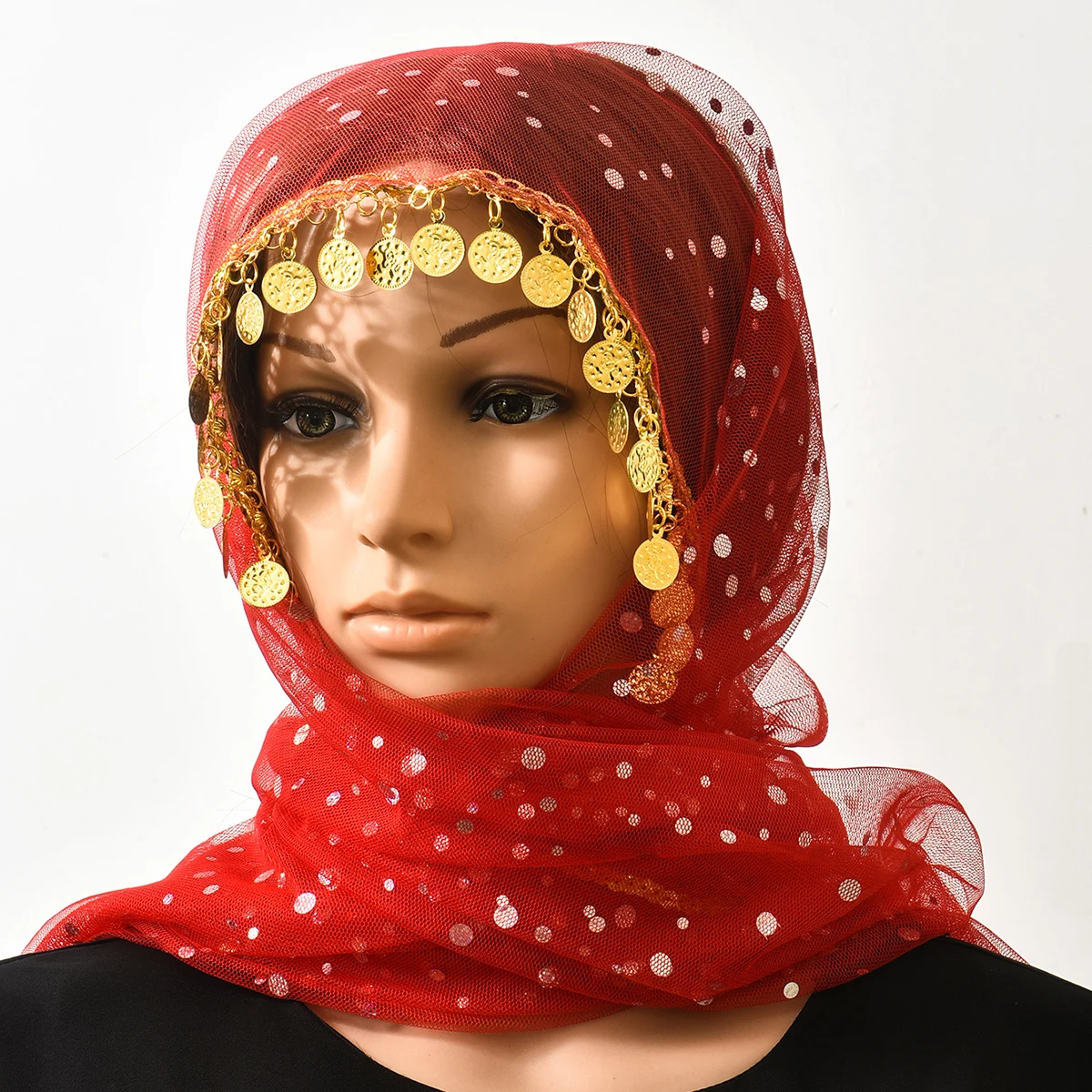 

Vibrant Red Middle Eastern Ethnic Dance Headscarf, Versatile Multi-Way Accessory For Balls & Banquets