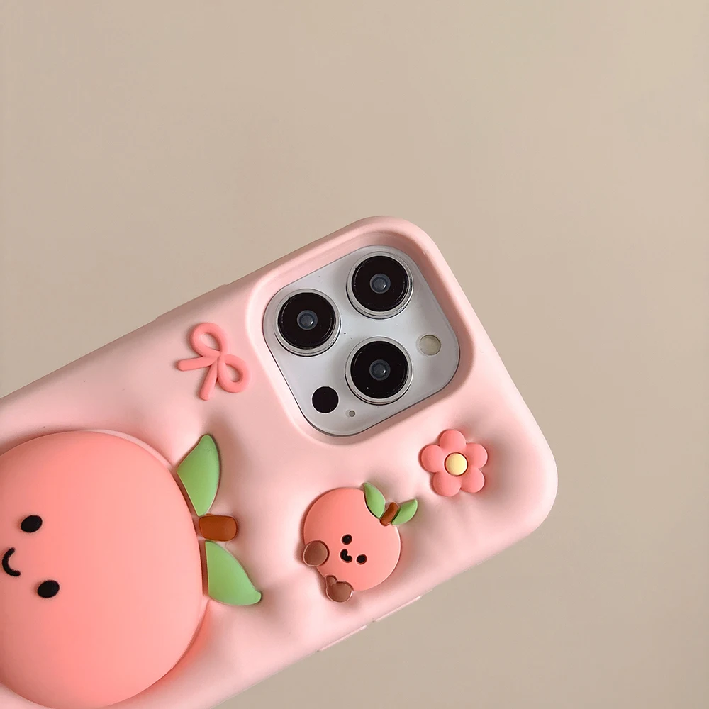 Kawaii 3D Sommer Obst Pfirsich Halterung Weiche Silikonhülle für iPhone 17 16 15 14 13 12 Pro Max mit Ständerhalter stoßfeste Abdeckung – Detail 5