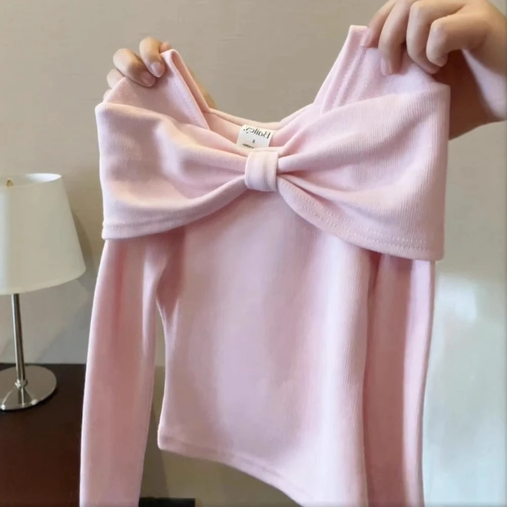 Bow One Shoulder T-shirt Spring 2025 New Korean Fashion Cute Sweet Buttful-knot Solid Color Simple and All-match T-shirt