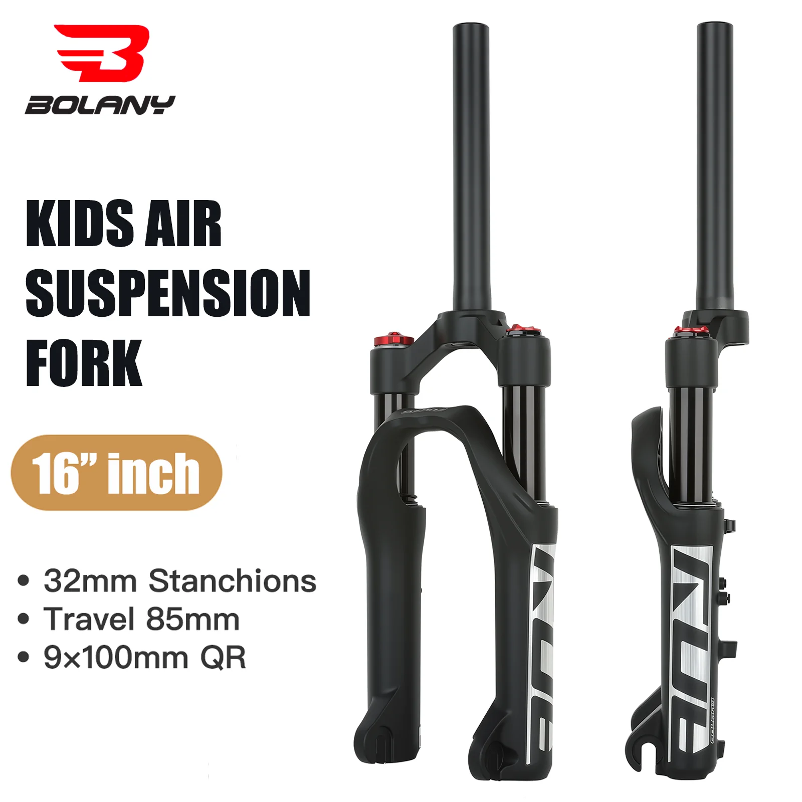 BOLANY 16-inch Bicycle Air-suspension Fork Magnesium Alloy Kids MTB Front Fork 9x100mm QR 80mm Travel Disc Brake Straight Tube