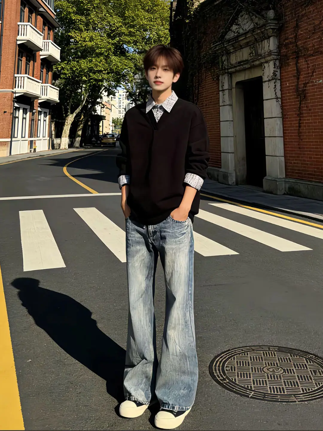 Washed Blue Lightning Pattern Men's Jeans mid Waist Straight Leg Loose Fit Summer Casual Teenage Fashion Denim Pants