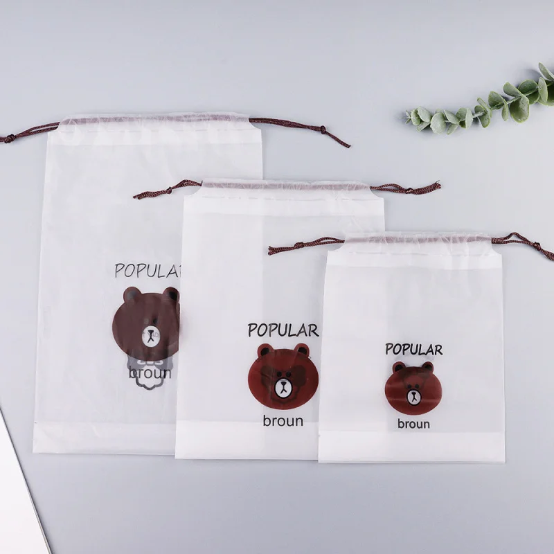 Cute Bear Frosted PE Drawstring Storage Bag, Large Semi-transparent Pouch, Travel Cosmetic & Shoe Organizer, Toy Packaging Bag