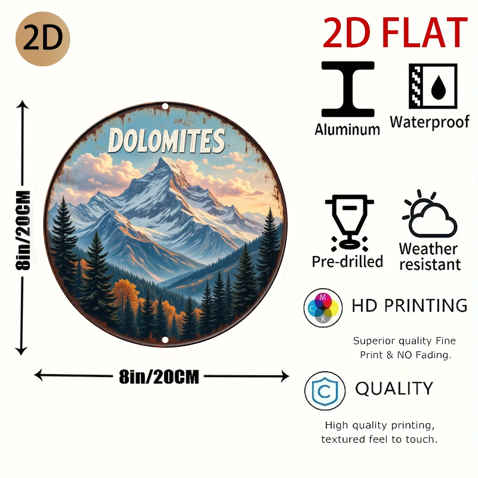 Dolomites Mountain Sunset Forest Scene 2D Round Distressed Metal Tin Sign 7.87x7.87 Inch Alpine Pine Tree Iron Plaque Travel Cab