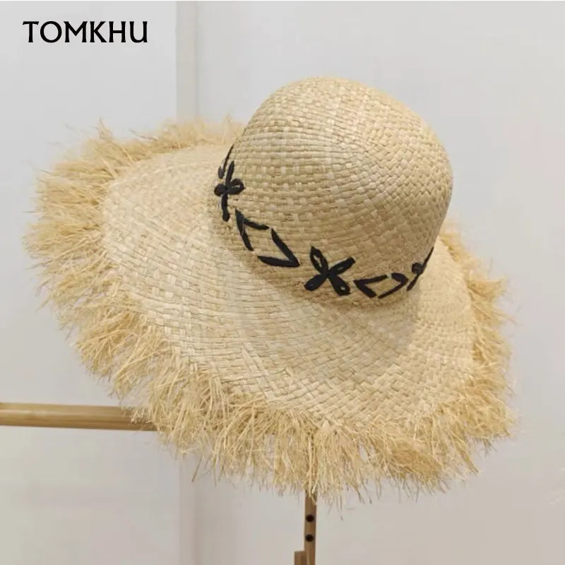 

New Summer Women Beach Raffia Black White Embroidery Hat Straw Cap Temperament Wide Brim Straw Hats Ladies Seaside Sunscreen Hat