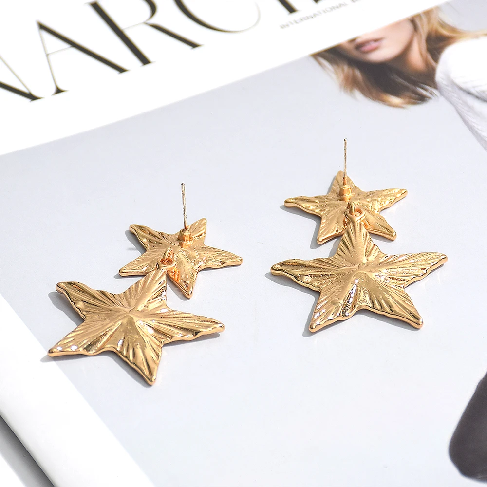 Fashion Metal Double Star Shape Dangle Earrings for Women Creative Gold Silver Color Five Stars Drop Earrings Party Jewelry